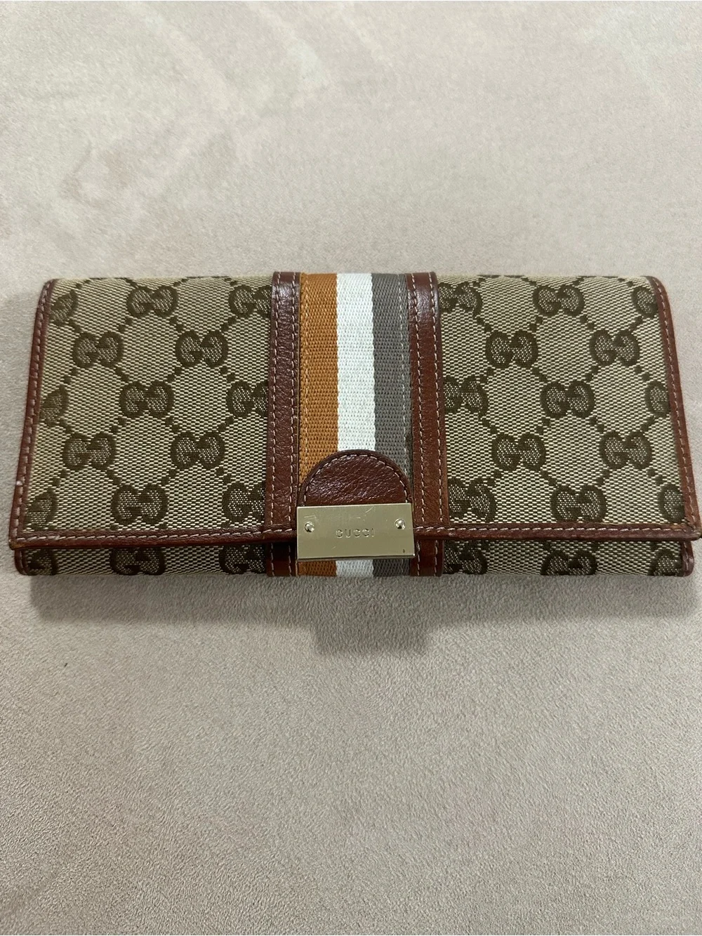 Gucci Beige and Brown GG Canvas Continental Wallet with Tricolor Stripe